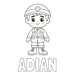Online izdelana pobarvanka - Pobarvanka imena ADIAN in otroška pobarvanka nasmejanega vojaka