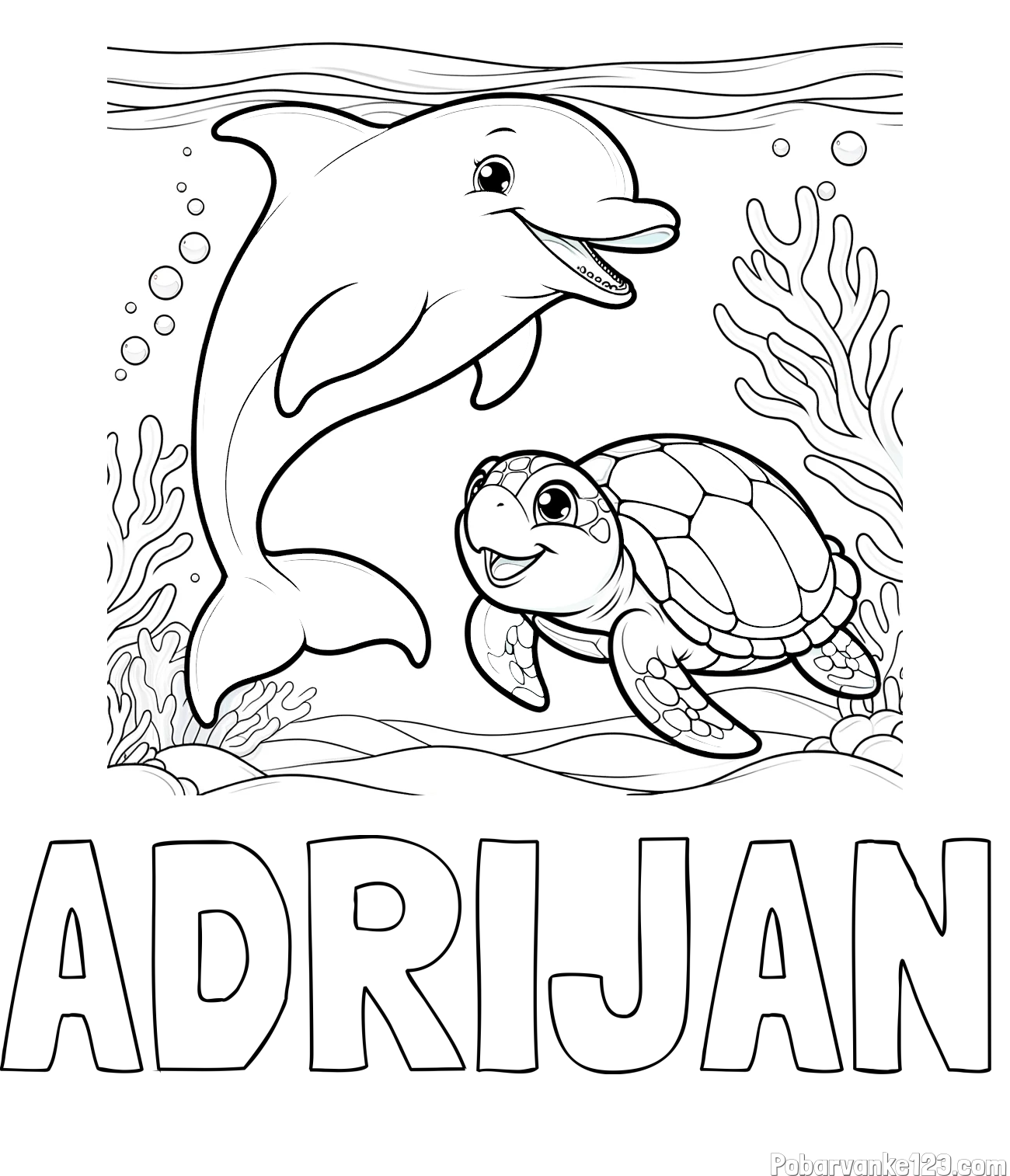 Pobarvanka imena ADRIJAN in pobarvanka ljubkega delfina z želvo v morju