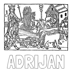 Online izdelana pobarvanka - Pobarvanka imena ADRIJAN in stara pobarvanka kmečkih opravil (oranje, žetev pšenice...)