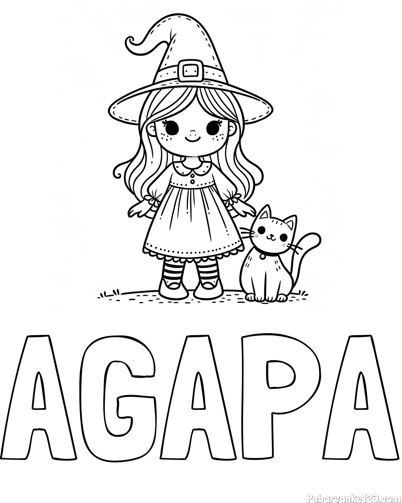 Pobarvanka imena AGAPA in Čudovita pobarvanka ljubke čarovnice in nasmejane mačke