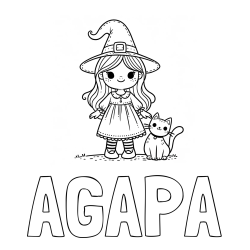 Online izdelana pobarvanka - Pobarvanka imena AGAPA in Čudovita pobarvanka ljubke čarovnice in nasmejane mačke