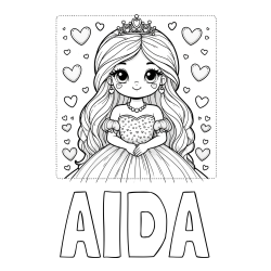Online izdelana pobarvanka - Pobarvanka imena AIDA in pobarvanka ljubke princese obdane s srčki