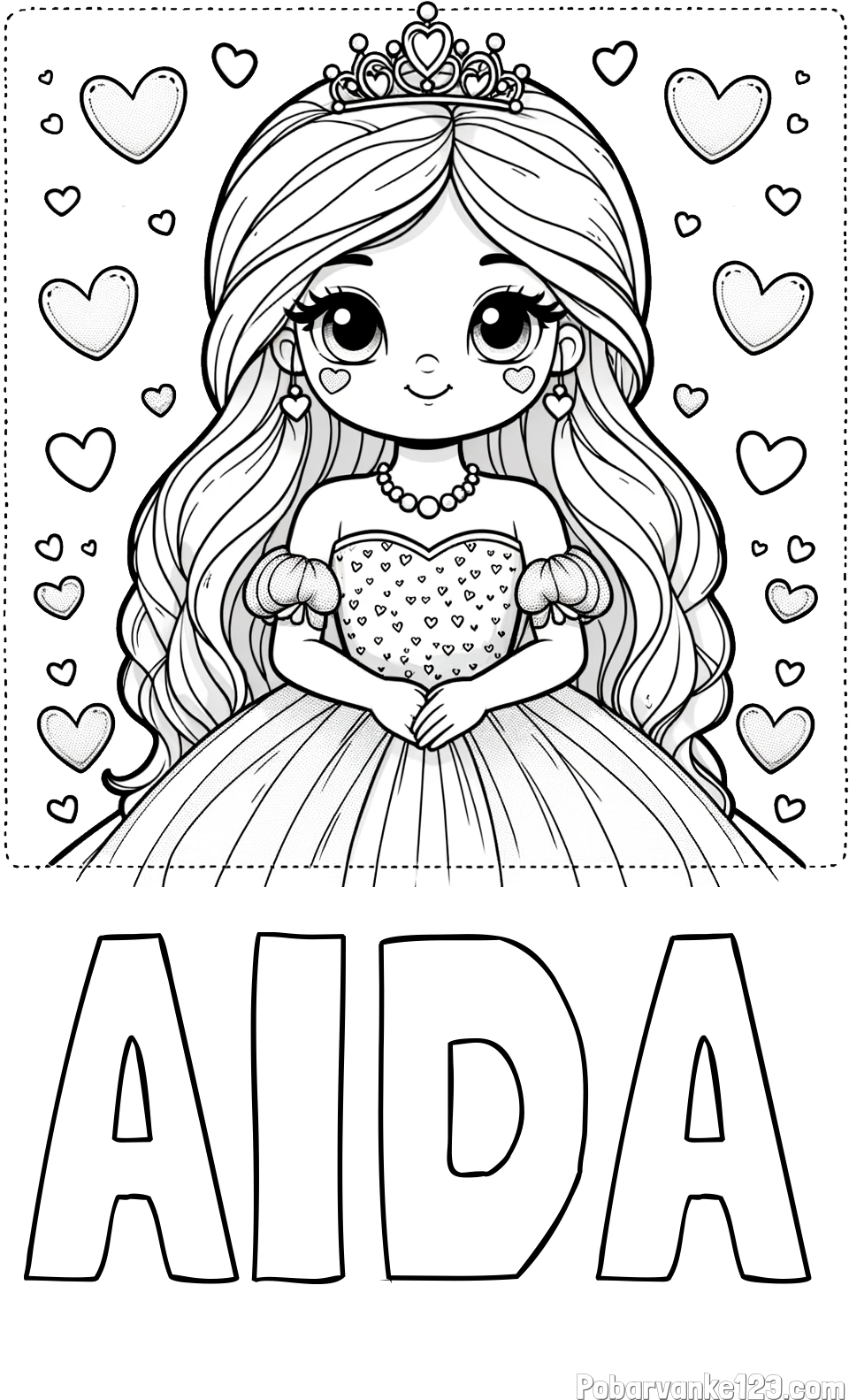 Pobarvanka imena AIDA in pobarvanka ljubke princese obdane s srčki