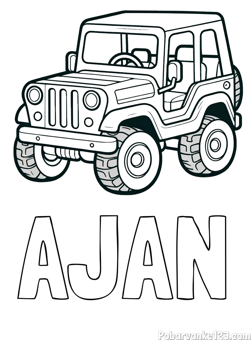 Pobarvanka imena AJAN in preprosta pobarvanka jeep-a