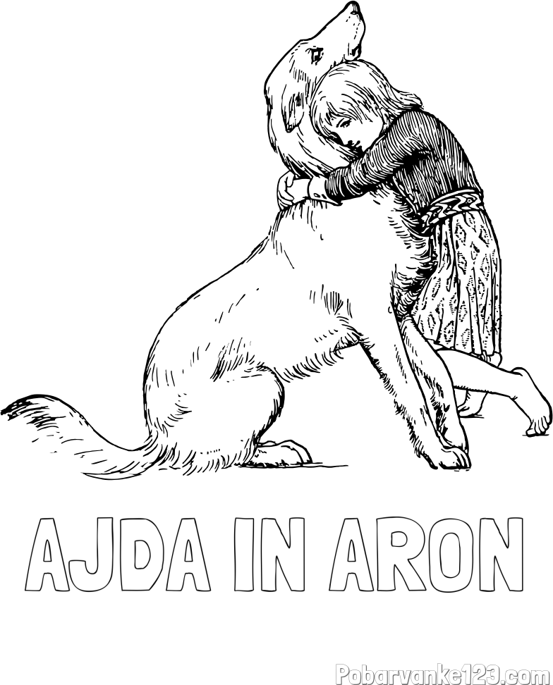 Pobarvanka imena AJDA IN ARON in pobarvanka prikupnega kužka, ki ga objema mala deklica