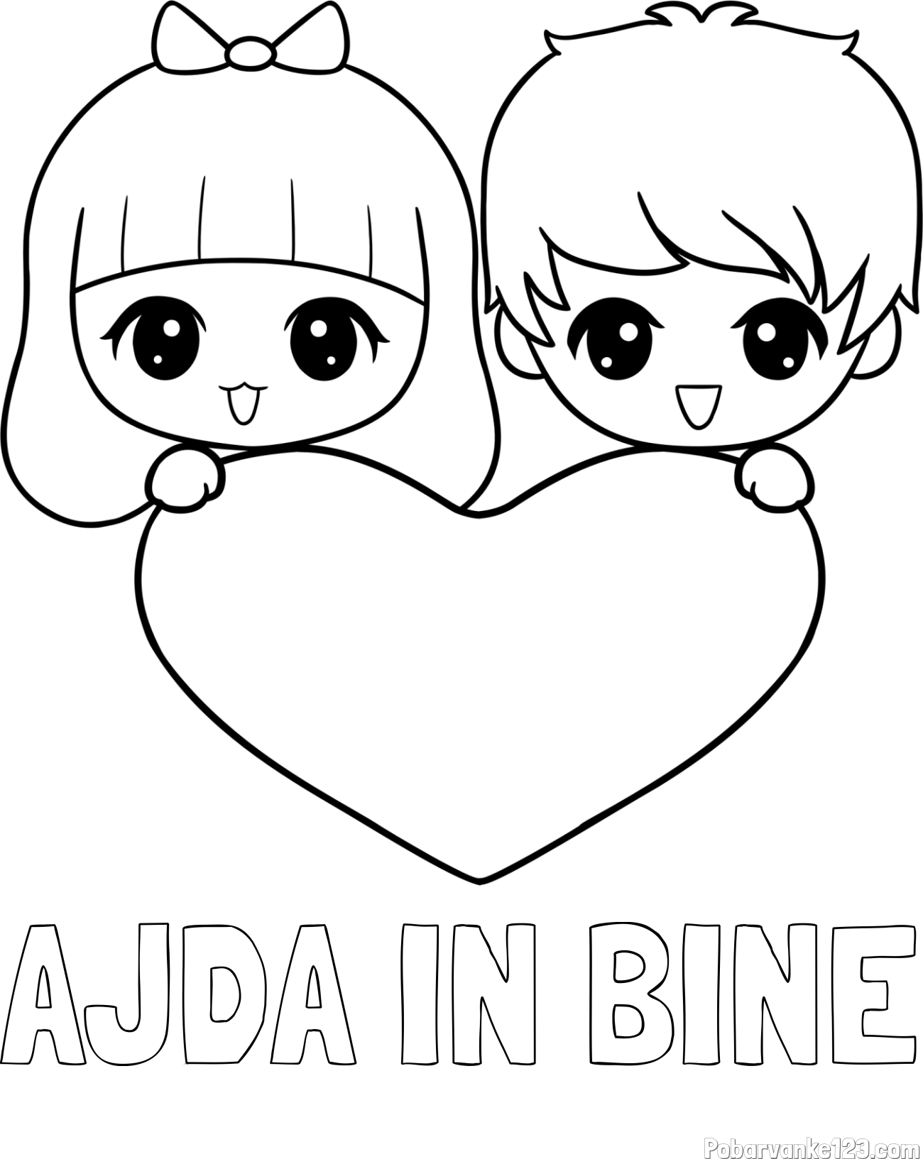 Pobarvanka imena AJDA IN BINE in pobarvanka fantka in deklice, ki objemata srček