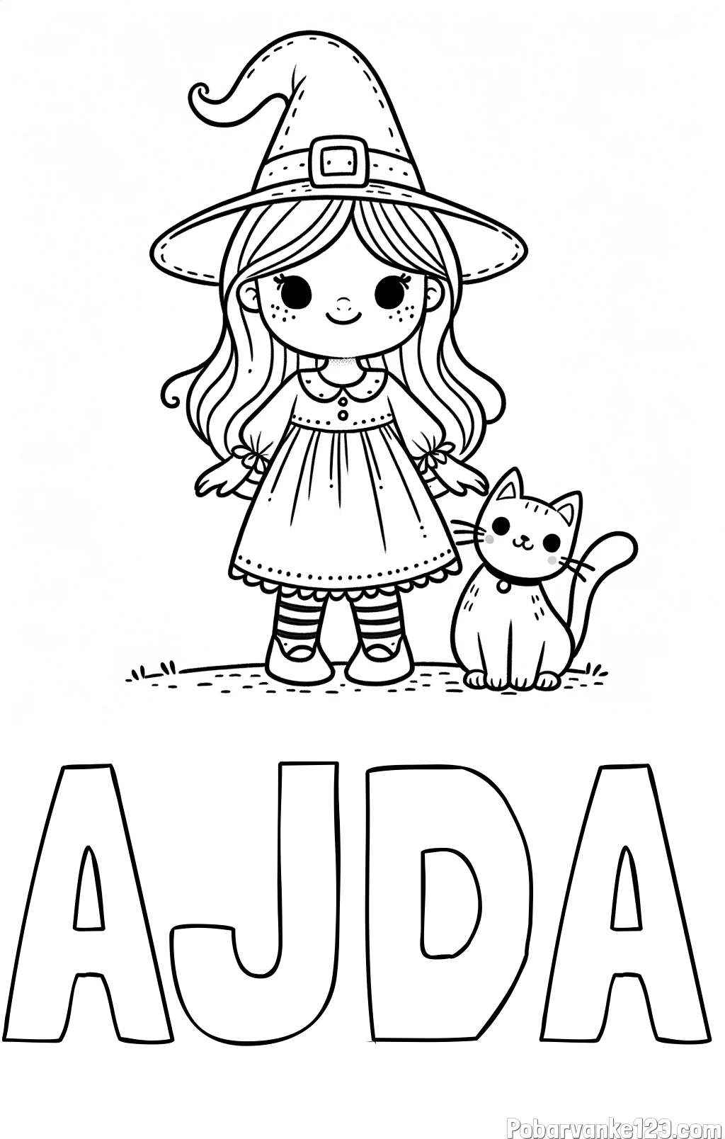Pobarvanka imena AJDA in Čudovita pobarvanka ljubke čarovnice in nasmejane mačke