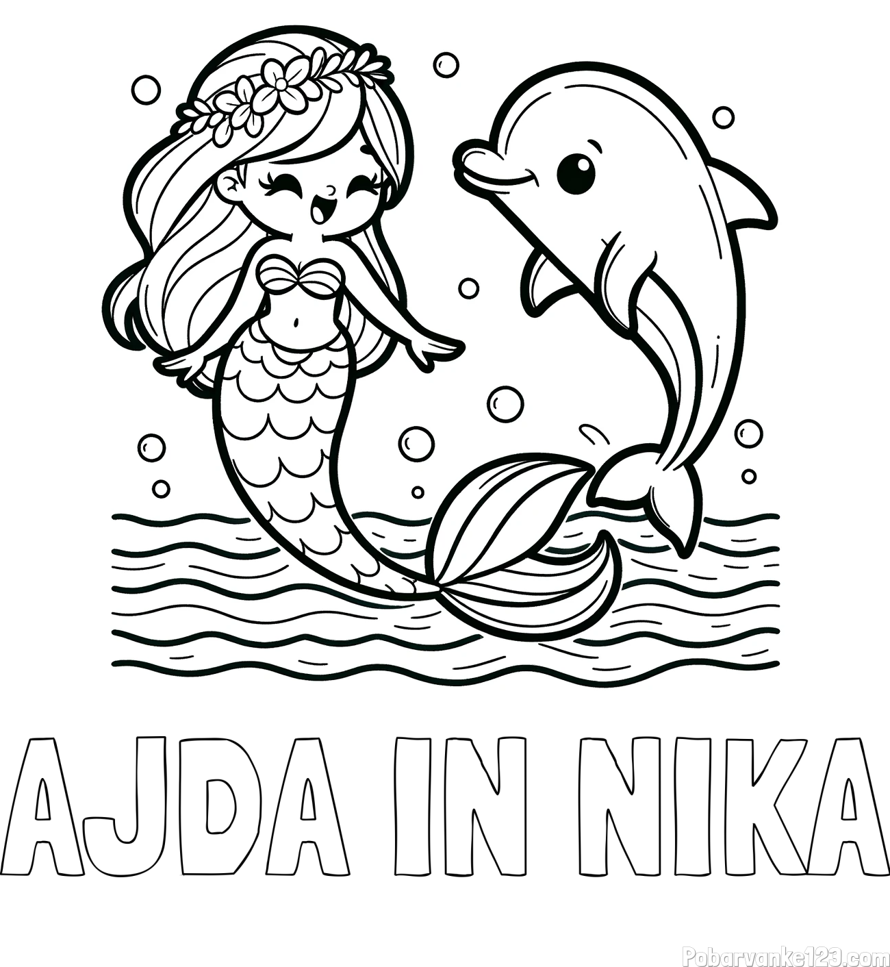Pobarvanka imena AJDA IN NIKA in pobarvanka ljubke morske deklice, ki pleše z delfinom