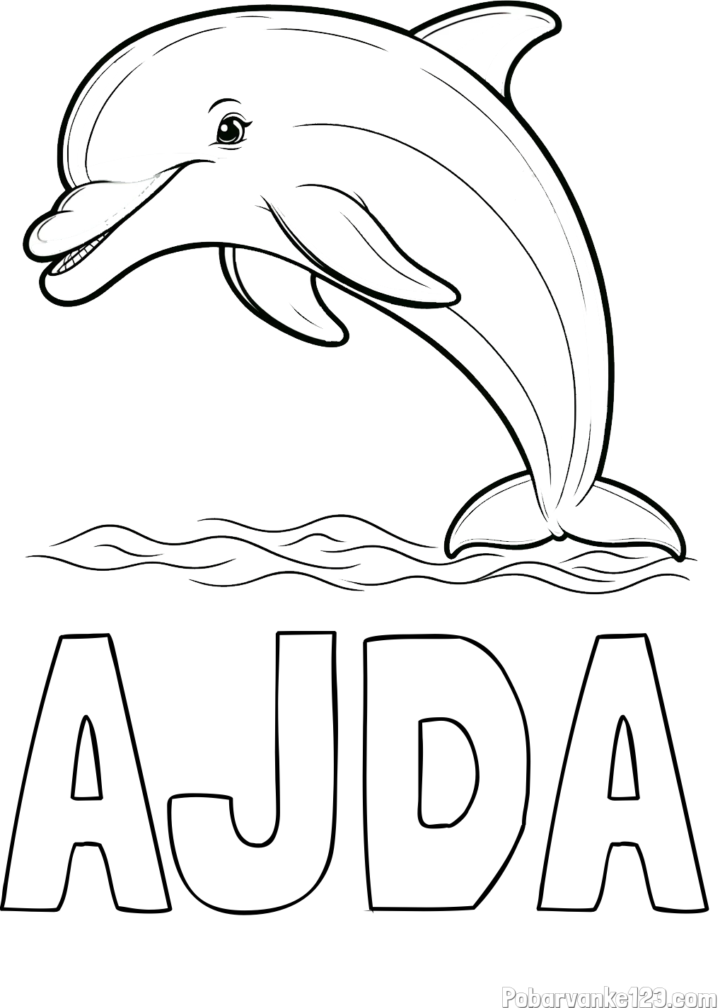 Pobarvanka imena AJDA in otroška pobarvanka nasmejanega delfina v skoku