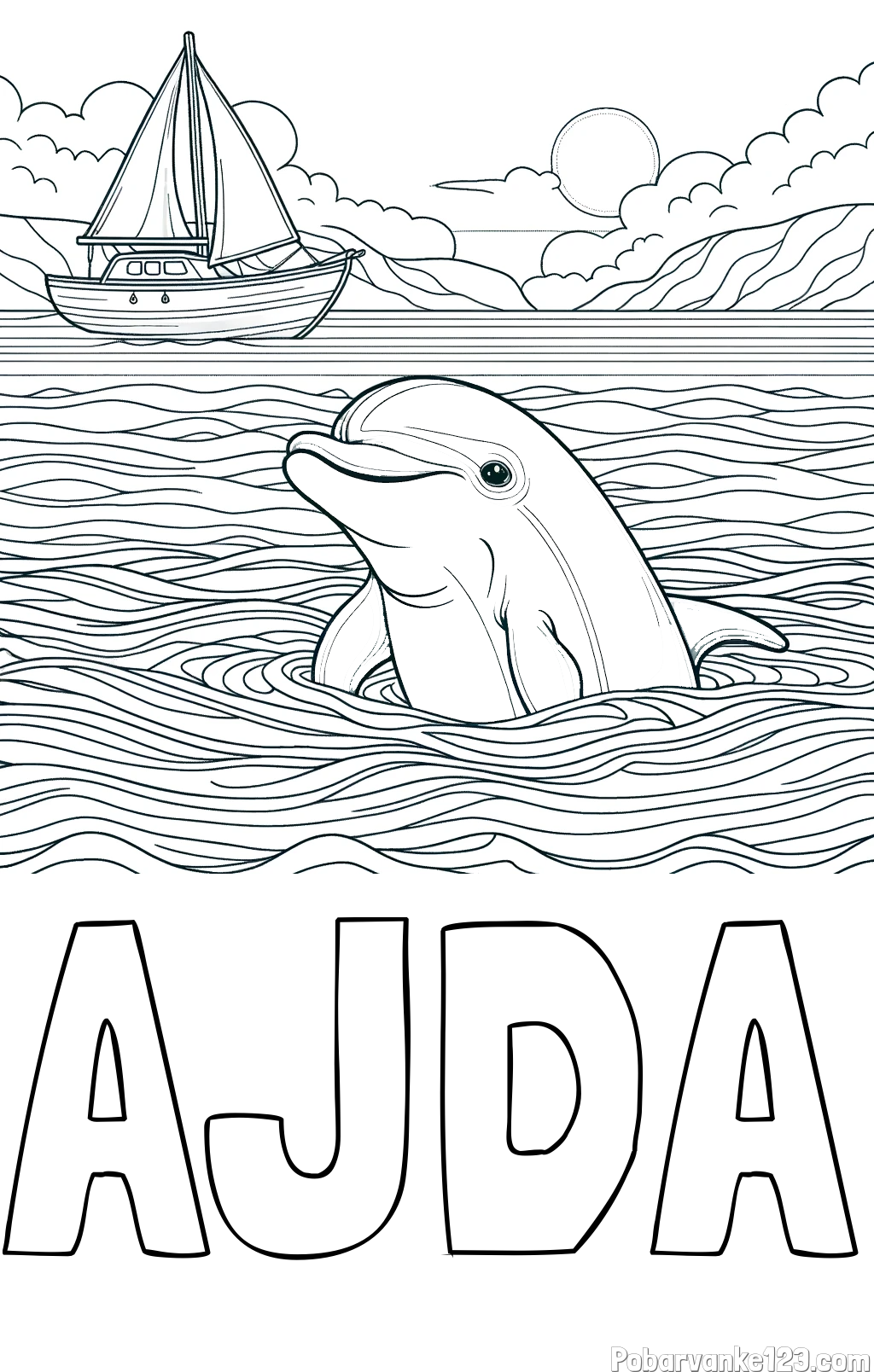 Pobarvanka imena AJDA in pobarvanka delfina v morju ter jadrnice