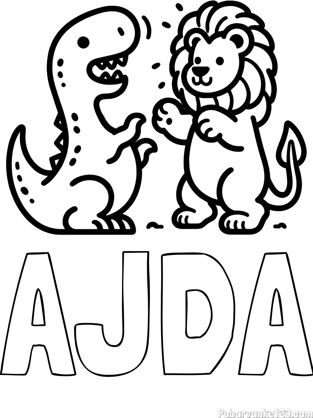Pobarvanka imena AJDA in pobarvanka dinozavra, ki napada leva