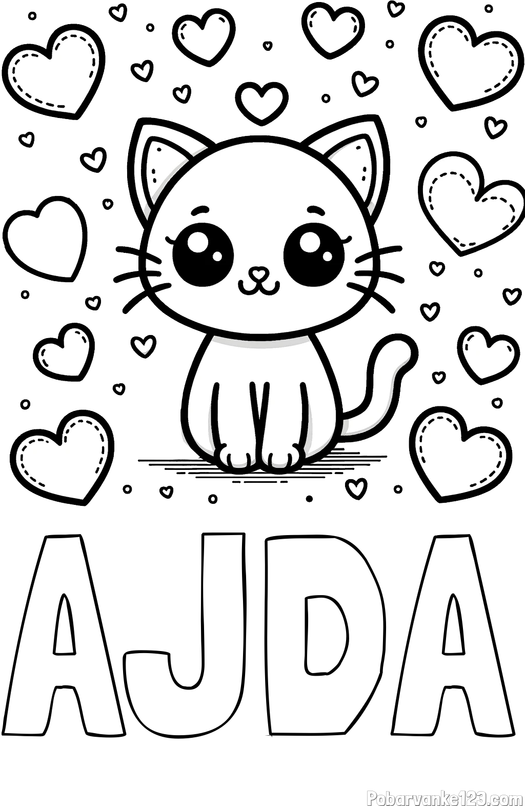 Pobarvanka imena AJDA in pobarvanka ljubke mucke obdane z veliko srčki