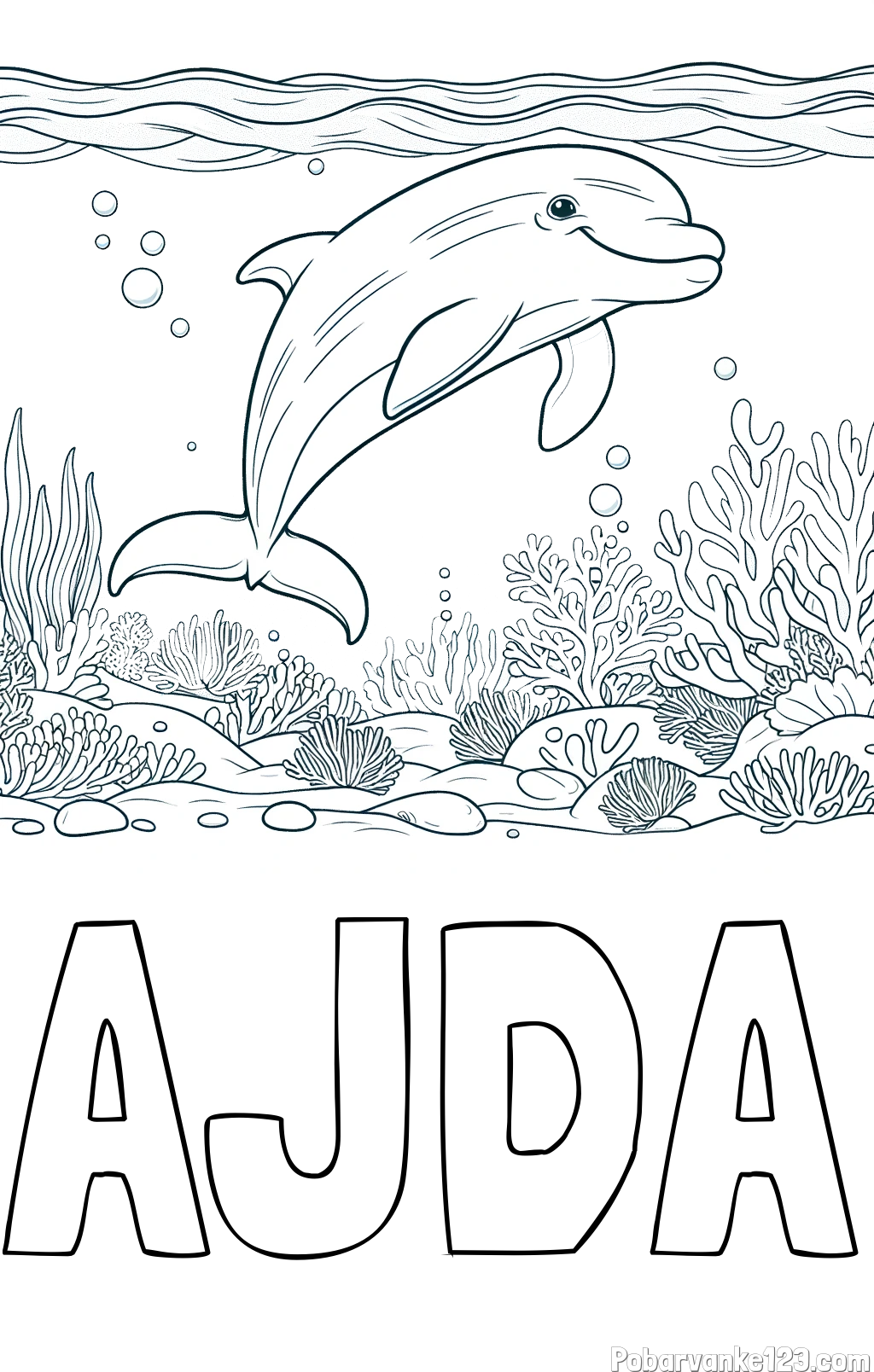 Pobarvanka imena AJDA in pobarvanka ljubkega delfina med plavanjem v morju