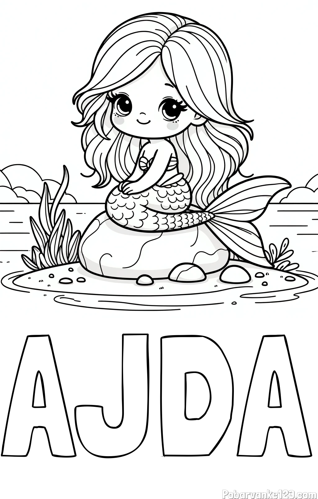 Pobarvanka imena AJDA in pobarvanka prikupne morske deklice, ki sedi na kamnu ob obali