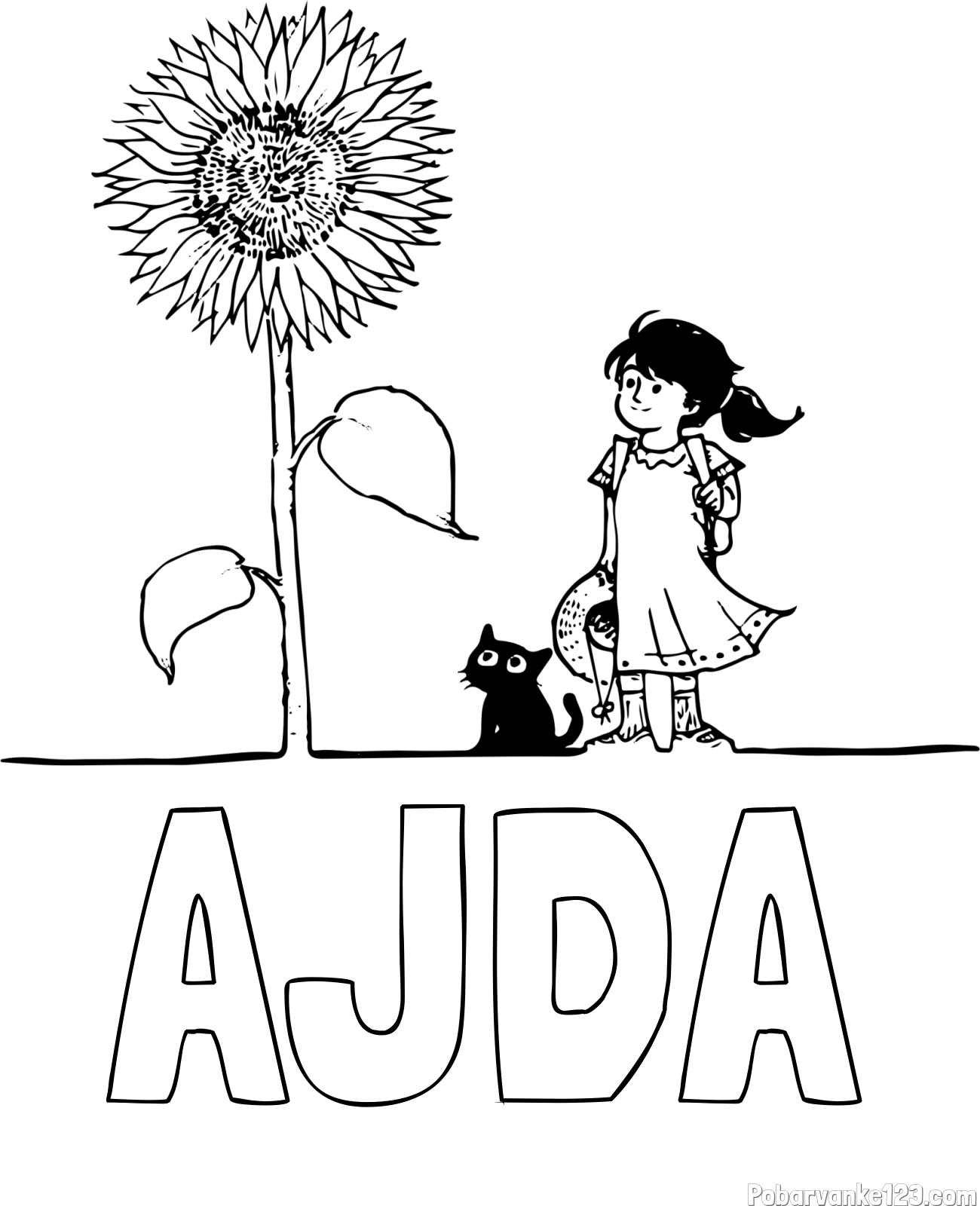 Pobarvanka imena AJDA in pobarvanka velike sončnice, deklice in ljubkega mačka
