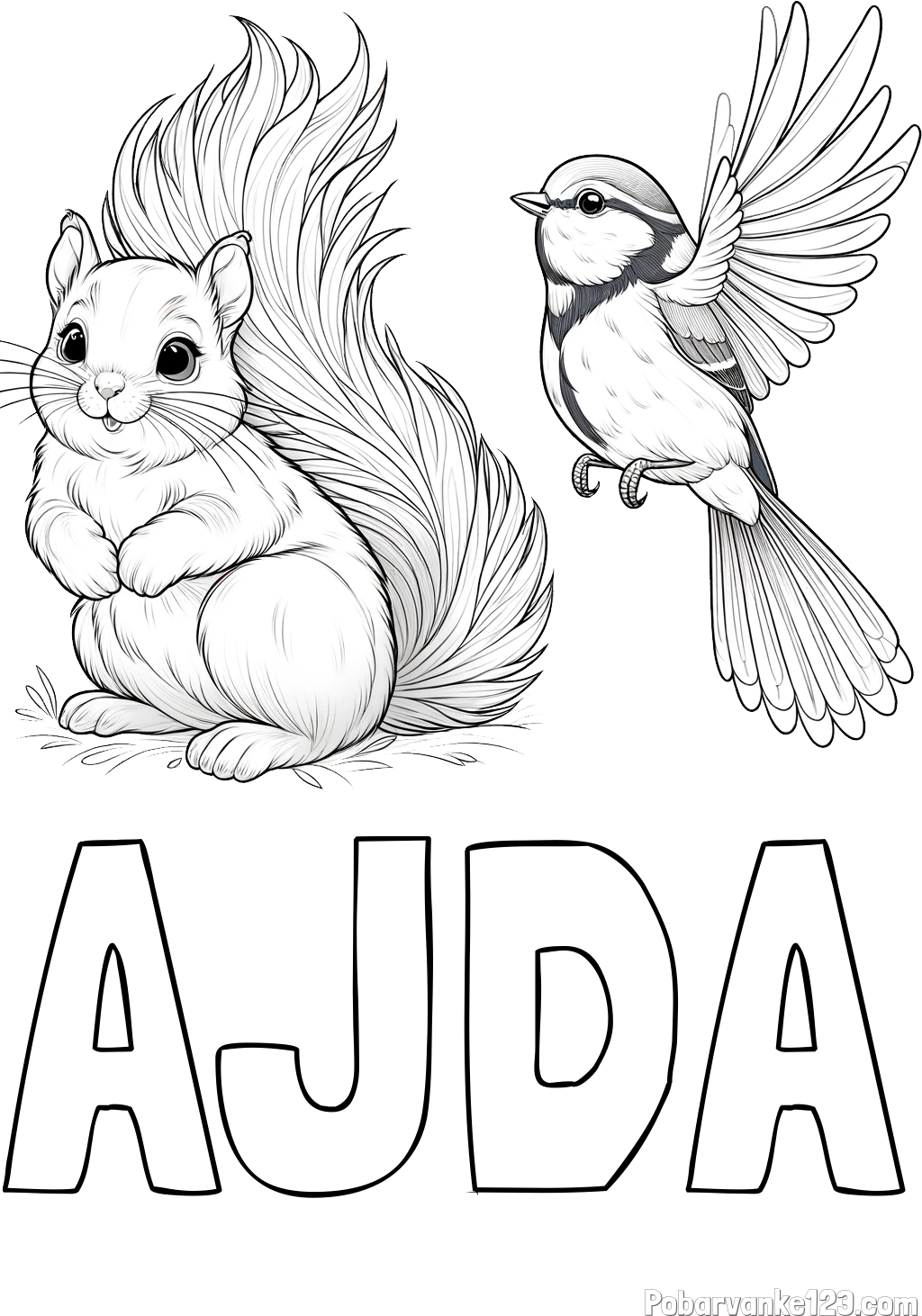 Pobarvanka imena AJDA in pobarvanka veverice in ptičke