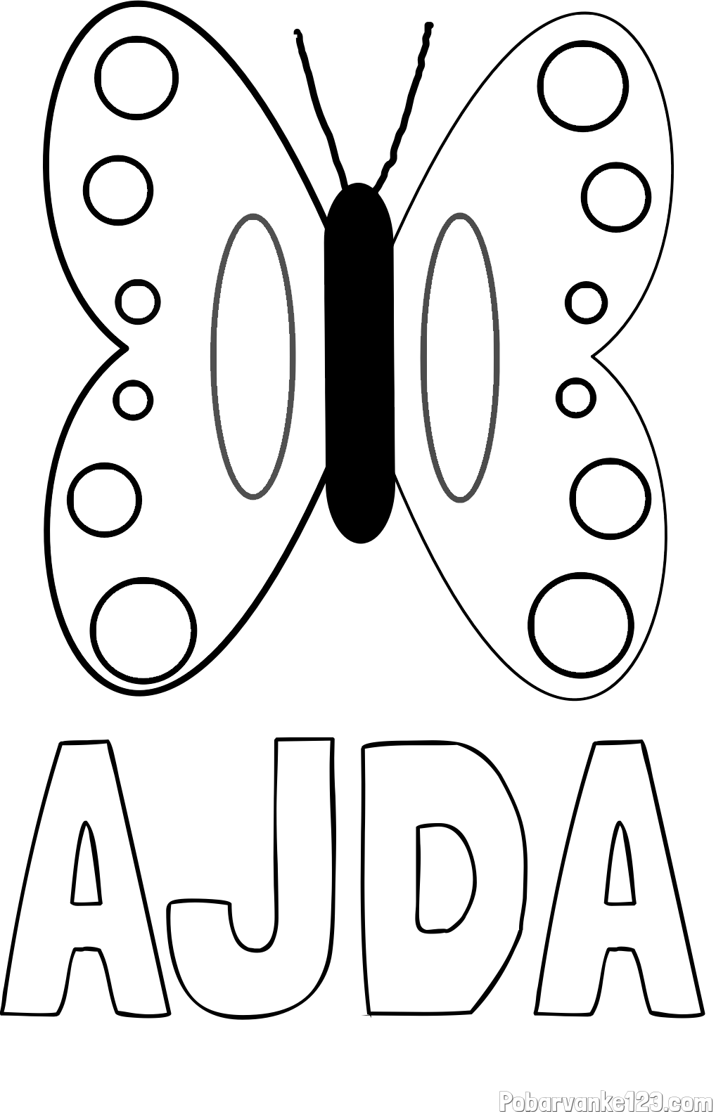 Pobarvanka imena AJDA in preprosta otroška pobarvanka metuljčka