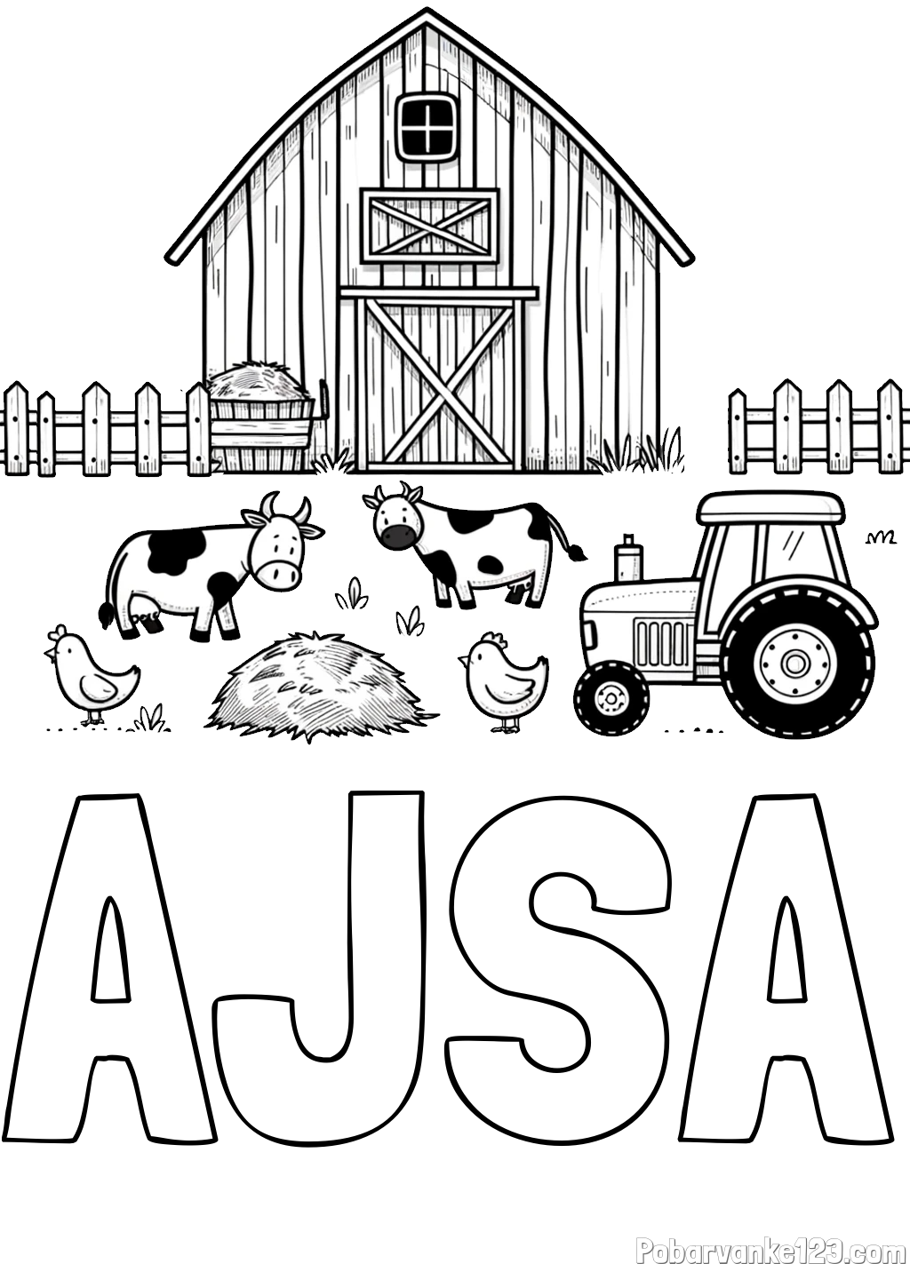 Pobarvanka imena AJŠA in otroška pobarvanka velikega senika, krav in traktorja