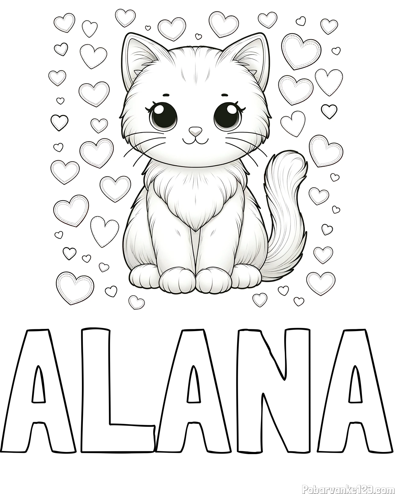 Pobarvanka imena ALANA in pobarvanka ljubke mucke obdane s srčki