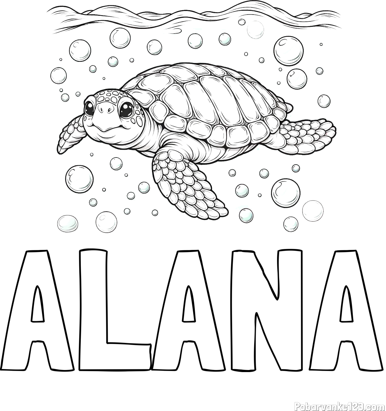 Pobarvanka imena ALANA in pobarvanka želve v morju