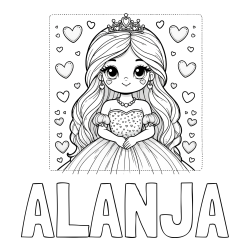 Online izdelana pobarvanka - Pobarvanka imena ALANJA in pobarvanka ljubke princese obdane s srčki