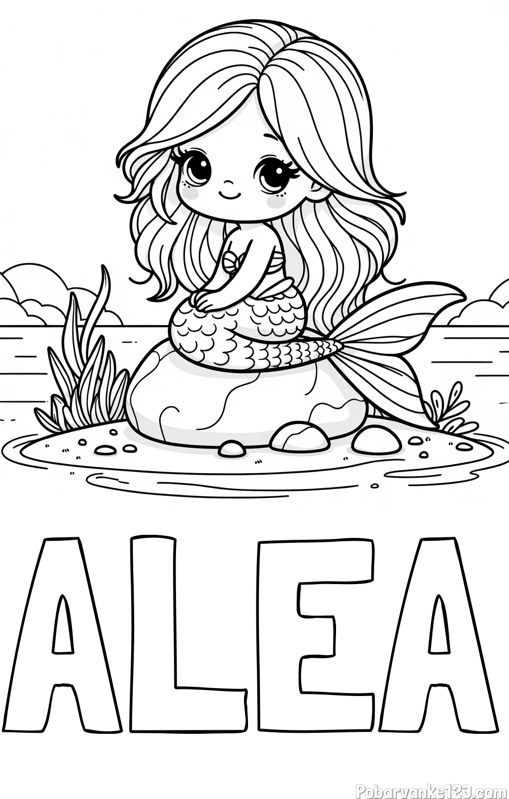 Pobarvanka imena ALEA in pobarvanka prikupne morske deklice, ki sedi na kamnu ob obali