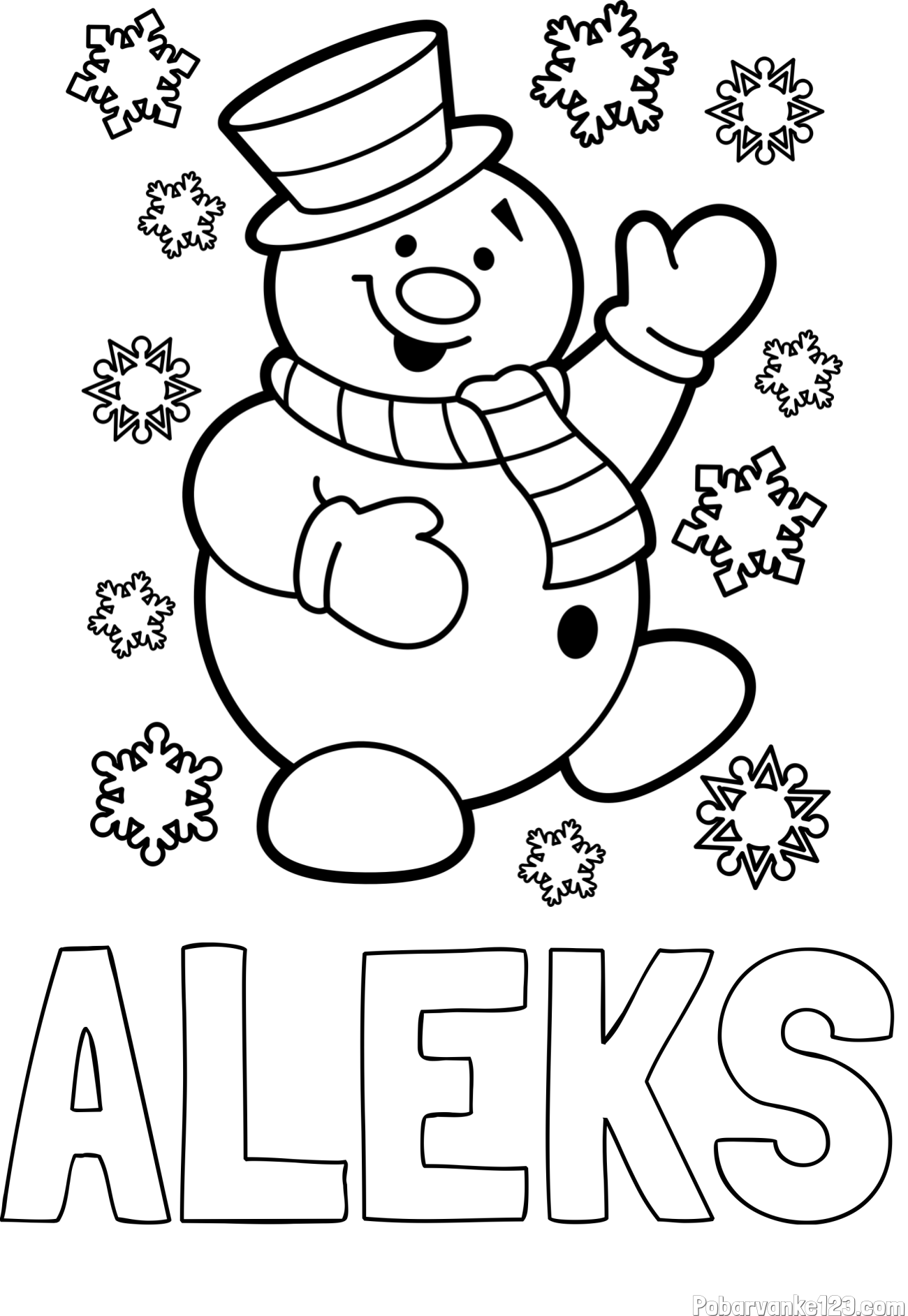 Pobarvanka imena ALEKS in pobarvanka veselega snežaka