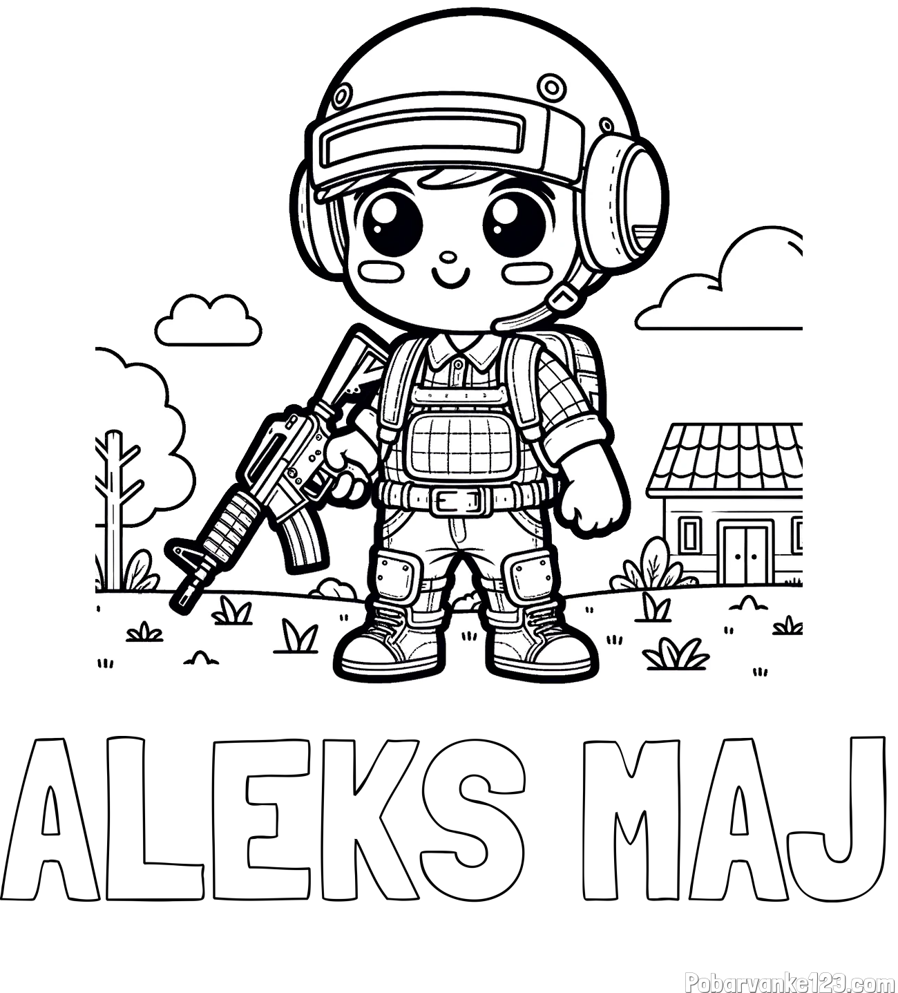 Pobarvanka imena ALEKS MAJ in preprosta otroška PUBG pobarvanka