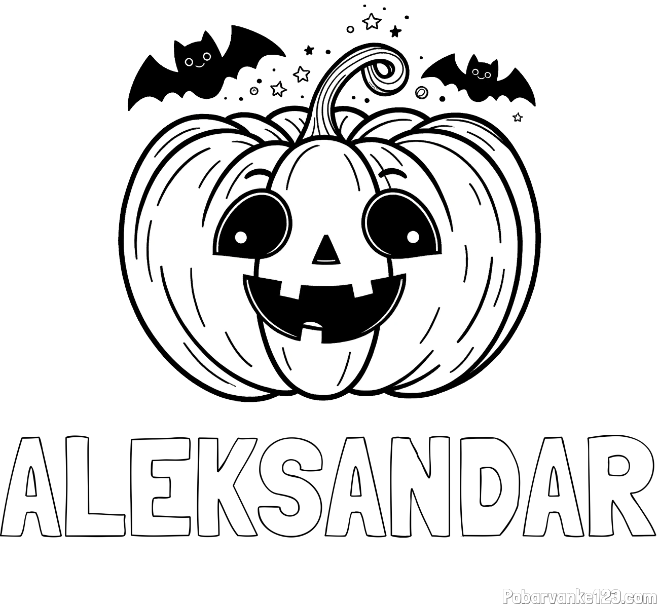 Pobarvanka imena ALEKSANDAR in pobarvanka nasmejane buče ter dveh netopirjev za noč čarovnic