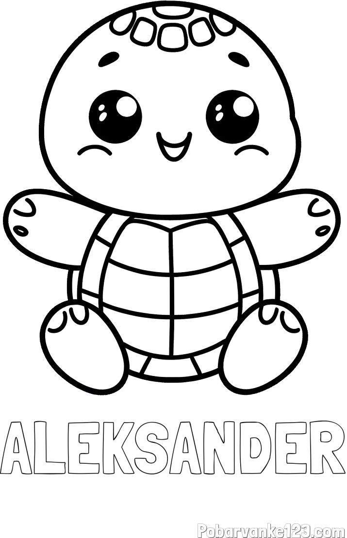 Pobarvanka imena ALEKSANDER in otroška pobarvanka ljubke in nasmejane želvice