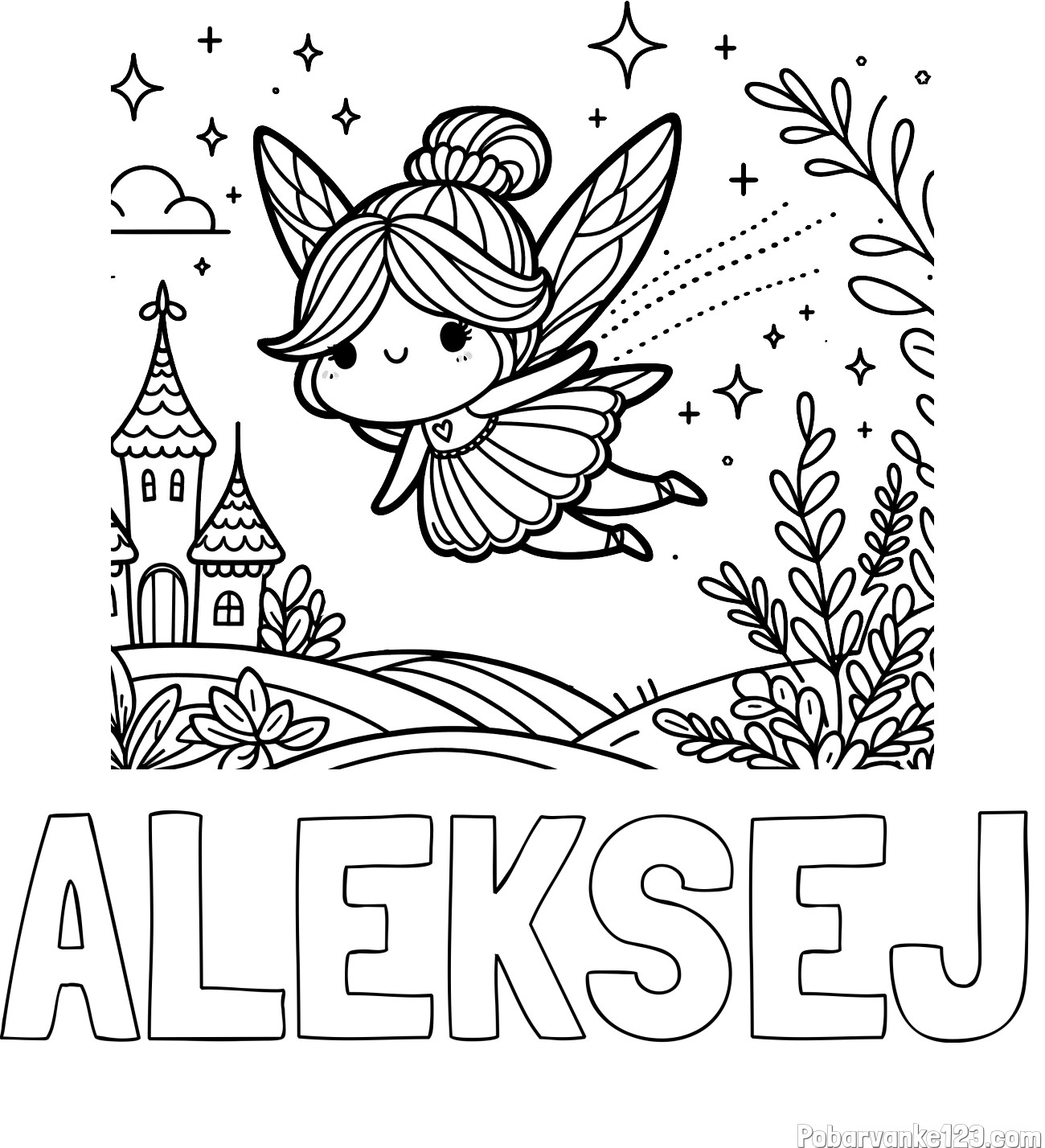 Pobarvanka imena ALEKSEJ in pobarvanka čarobne vile, ki leti nad pravljično pokrajino