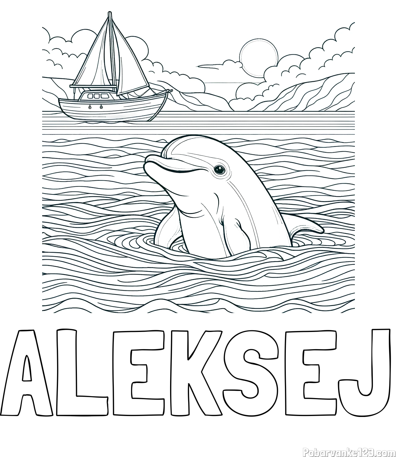Pobarvanka imena ALEKSEJ in pobarvanka delfina v morju ter jadrnice