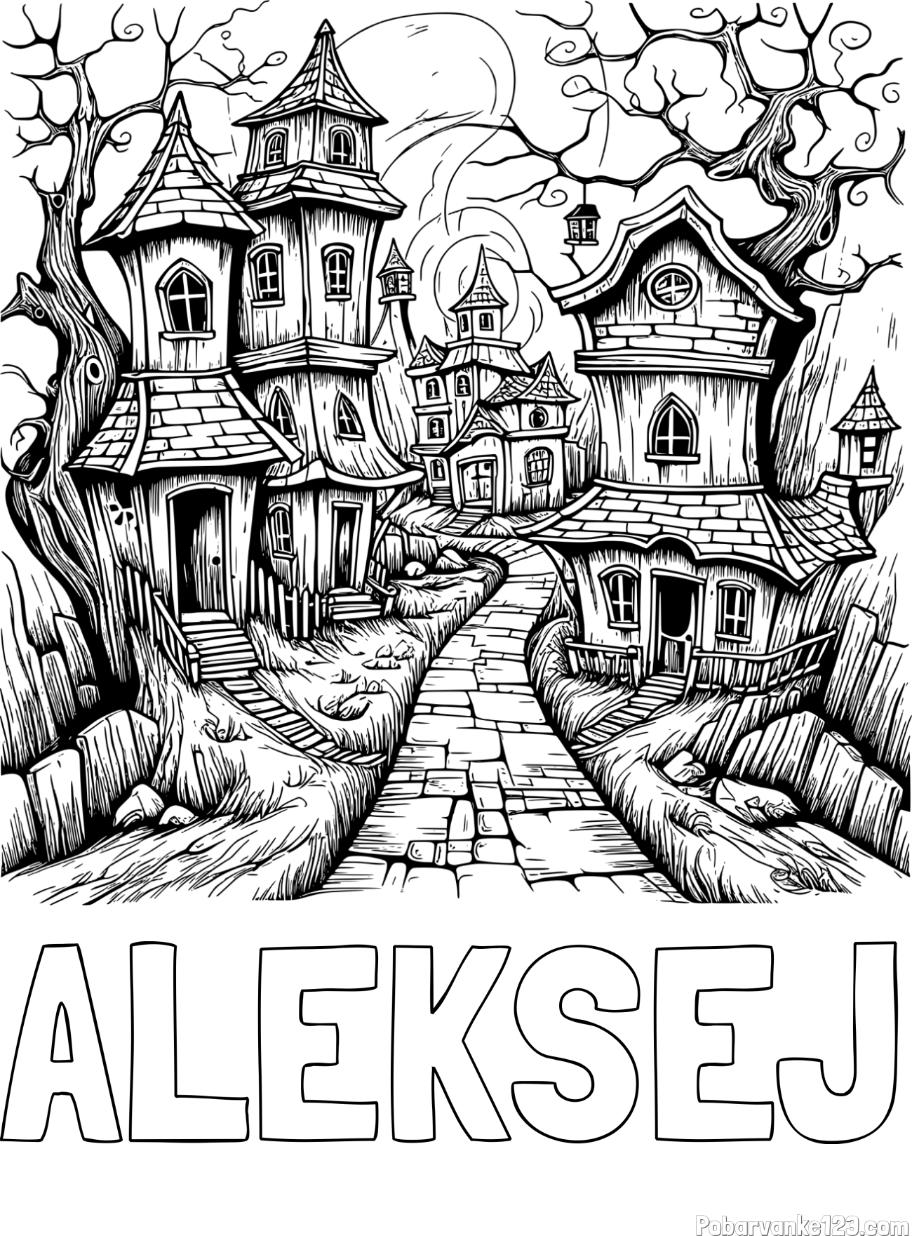 Pobarvanka imena ALEKSEJ in pobarvanka začaranih hišk