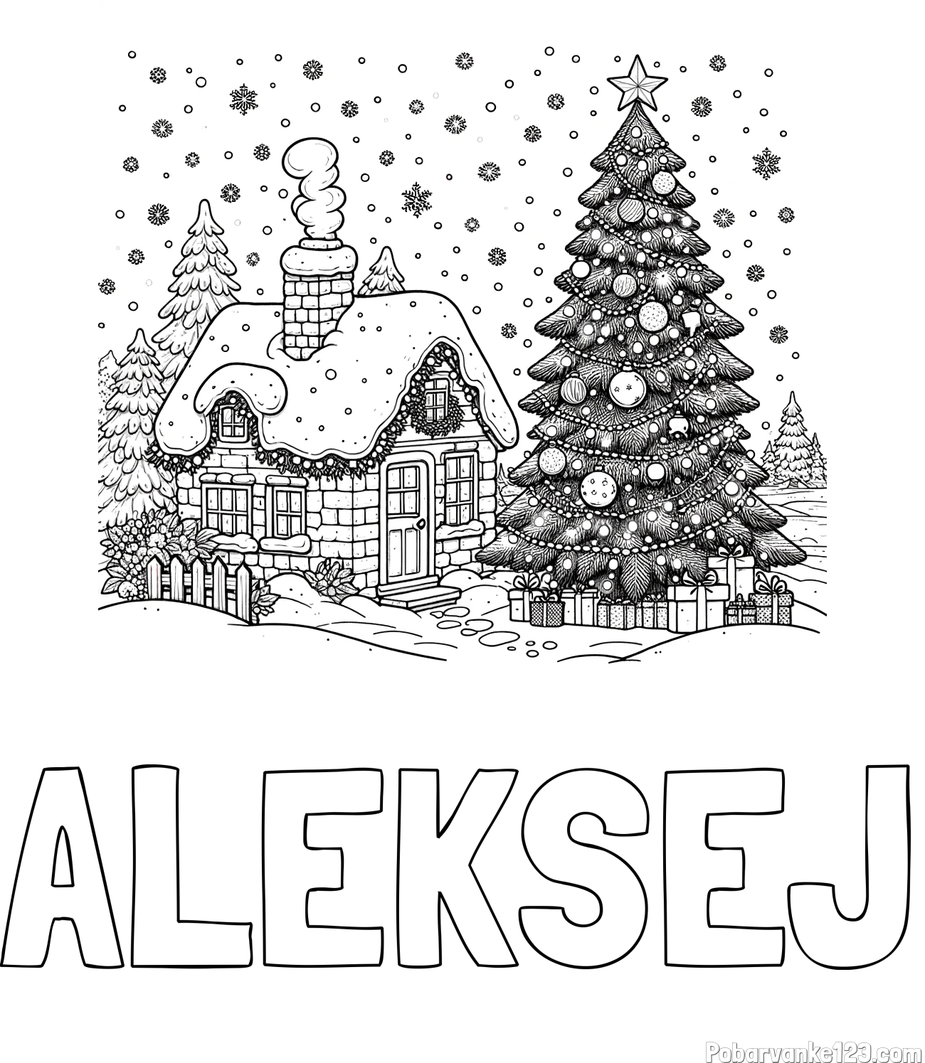 Pobarvanka imena ALEKSEJ in pobarvanka zasnežene hiške na božično noč