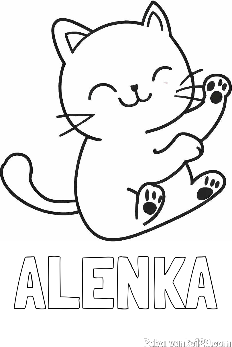 Pobarvanka imena ALENKA in pobarvanka razigranega mucka