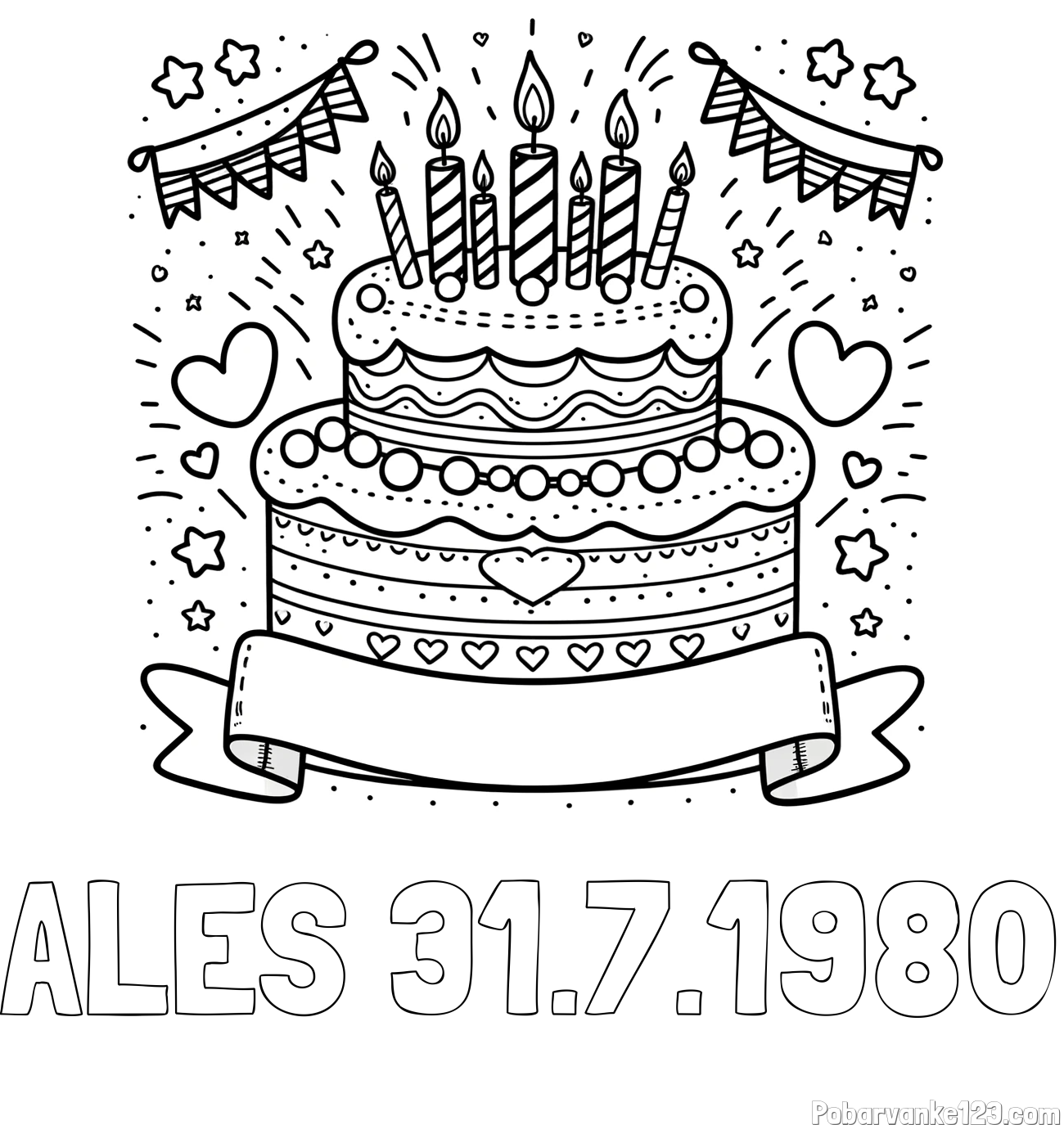 Pobarvanka imena ALES 31.7.1980 in pobarvanka velike torte za rojstni dan