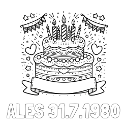 Online izdelana pobarvanka - Pobarvanka imena ALES 31.7.1980 in pobarvanka velike torte za rojstni dan