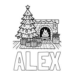 Pobarvanka imena ALEX in pobarvanka božične noči z božično smrečico, darili ter kaminom