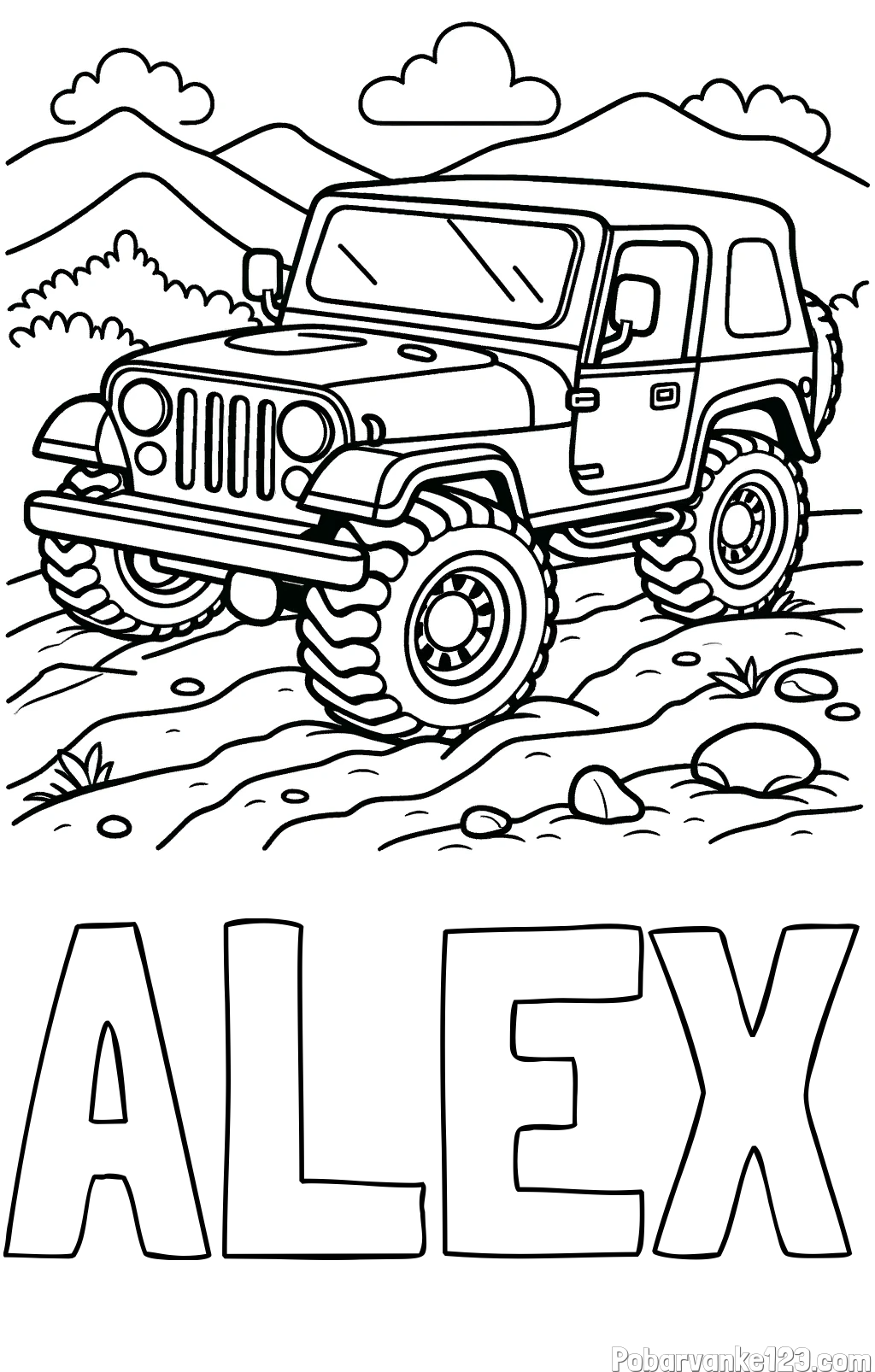 Pobarvanka imena ALEX in pobarvanka džipa na terenu
