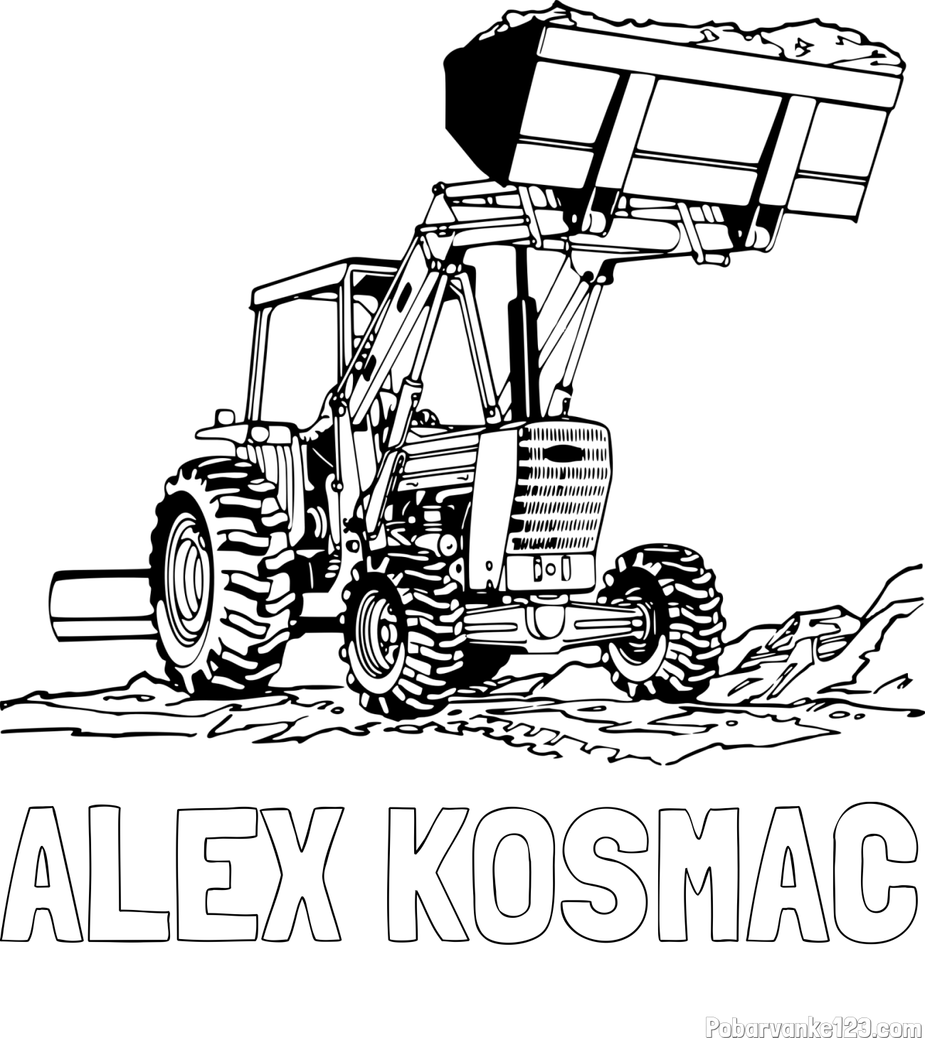 Pobarvanka imena ALEX KOSMAČ in pobarvanka velikega traktorja med prenosom zemljine