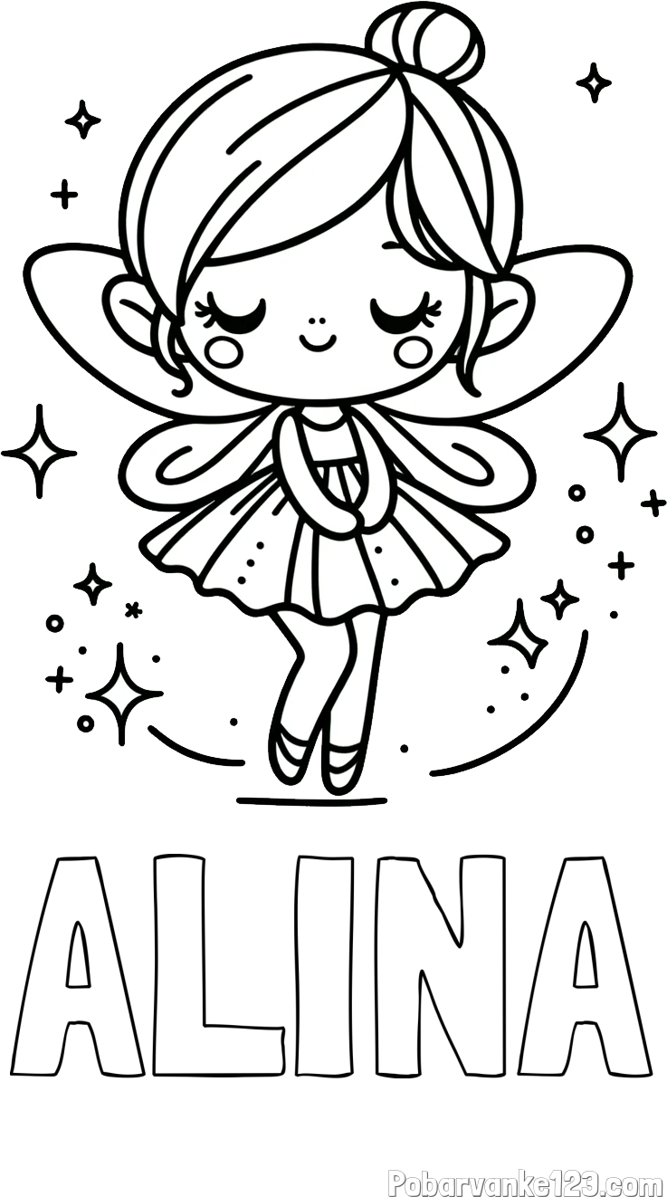 Pobarvanka imena ALINA in otroška pobarvanka čarobne vile