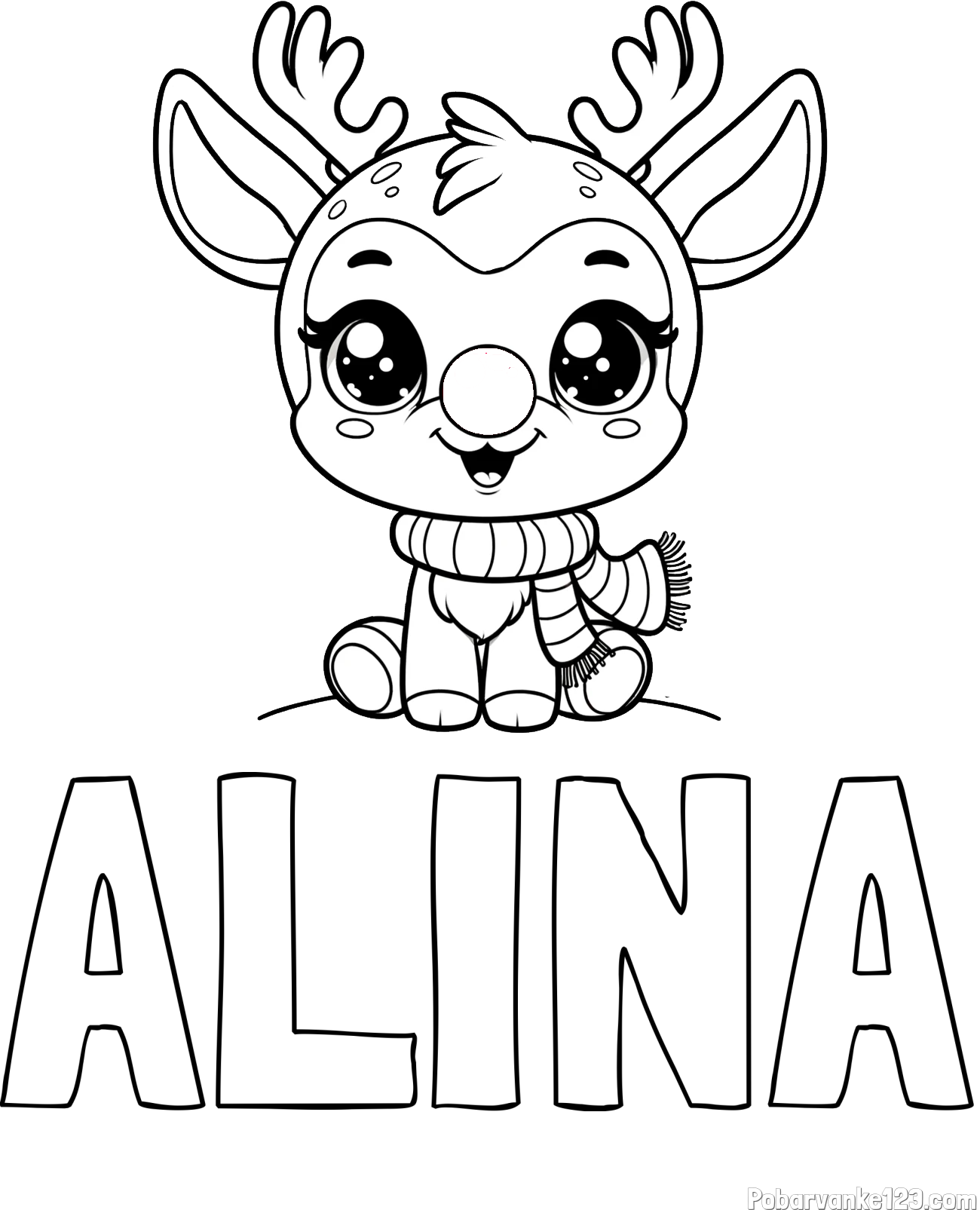 Pobarvanka imena ALINA in otroška pobarvanka jelenčka Rudolfa s šalom okoli vratu