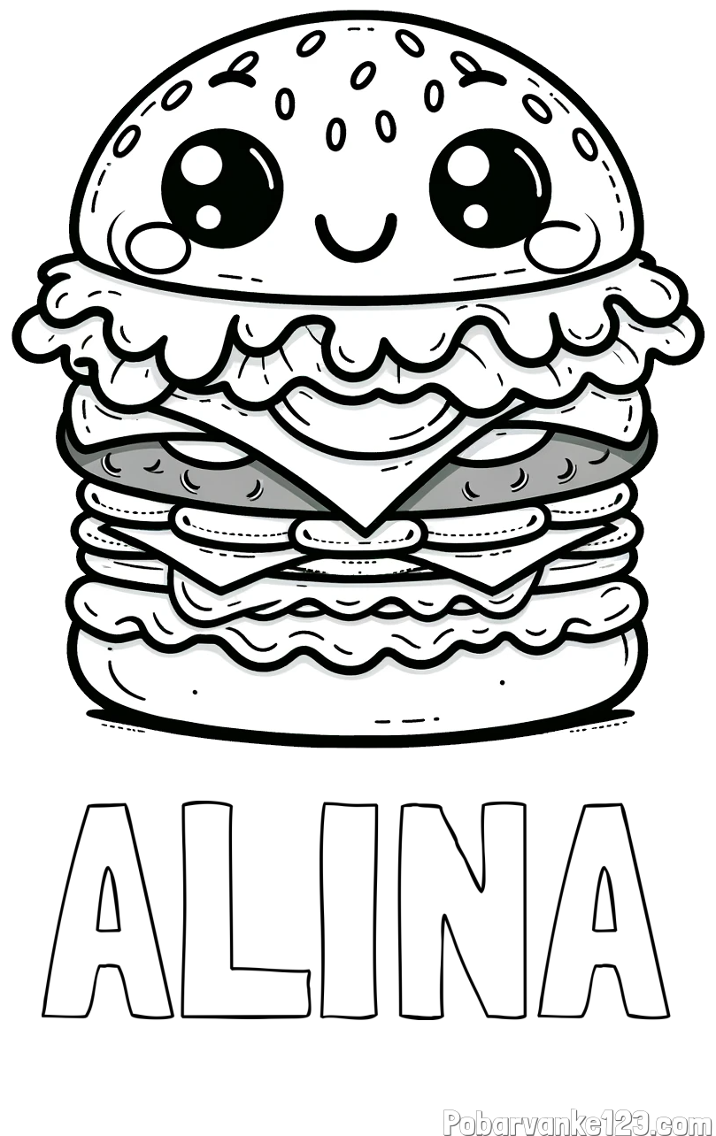Pobarvanka imena ALINA in otroška pobarvanka nasmejanega hamburgerja
