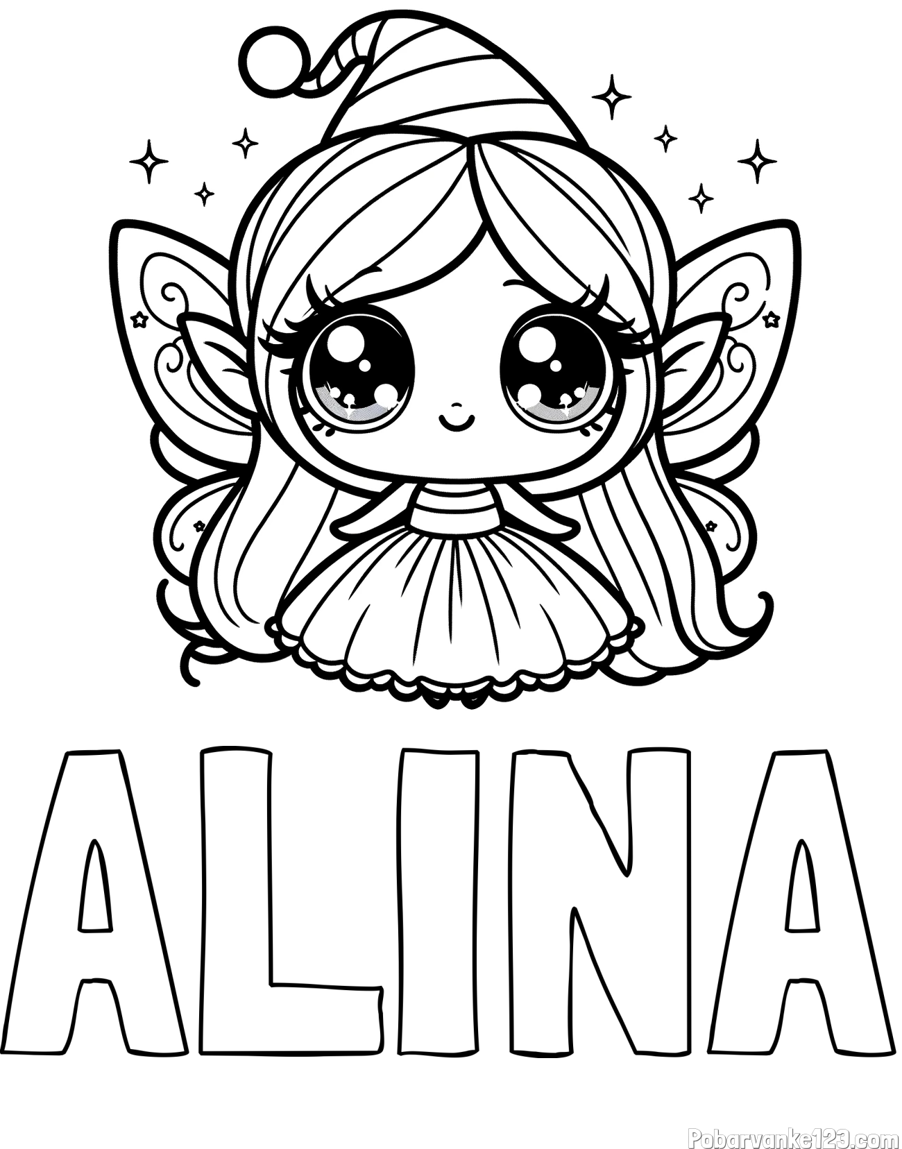 Pobarvanka imena ALINA in pobarvanka ljubke čarobne vile z velikimi očmi