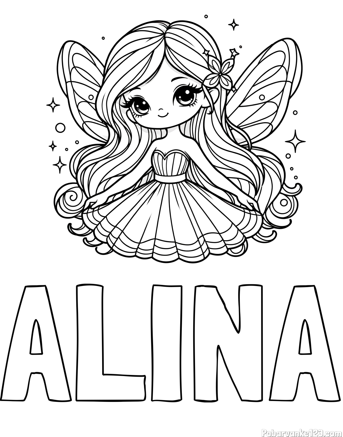Pobarvanka imena ALINA in pobarvanka ljubke in nasmejane čarobne vile