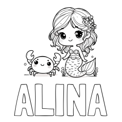 Pobarvanka imena ALINA in pobarvanka ljubke morske deklice in veselega raka