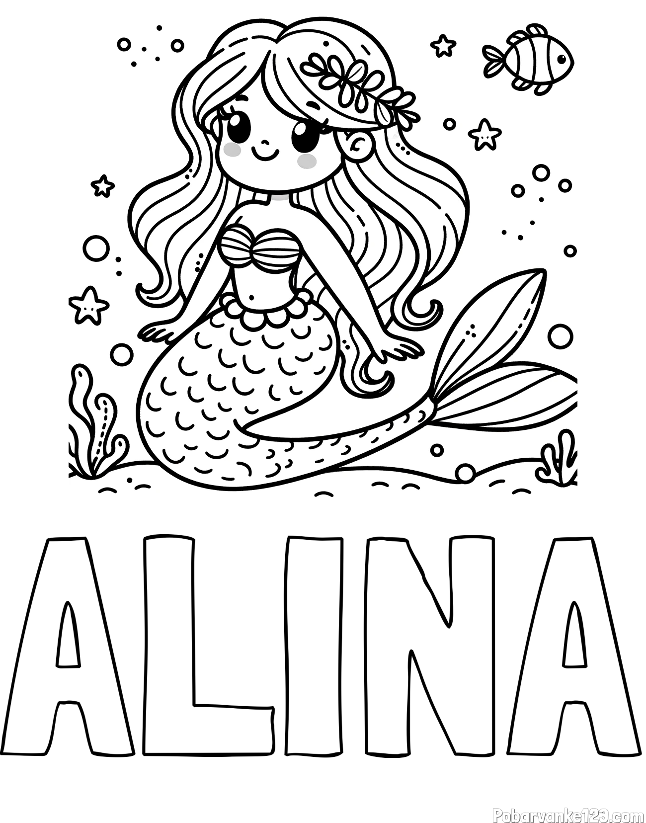 Pobarvanka imena ALINA in pobarvanka ljubke morske deklice v morju