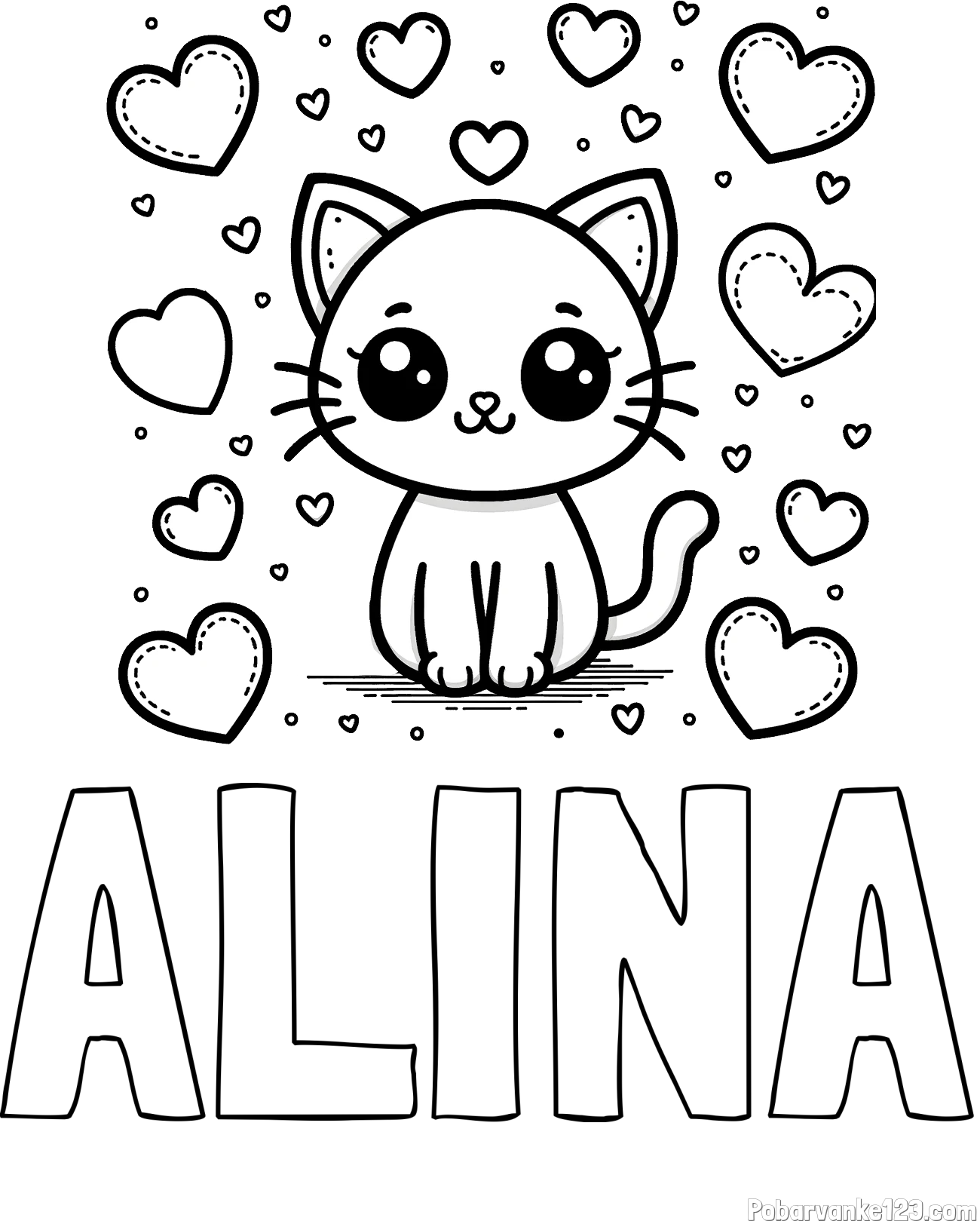 Pobarvanka imena ALINA in pobarvanka ljubke mucke obdane z veliko srčki