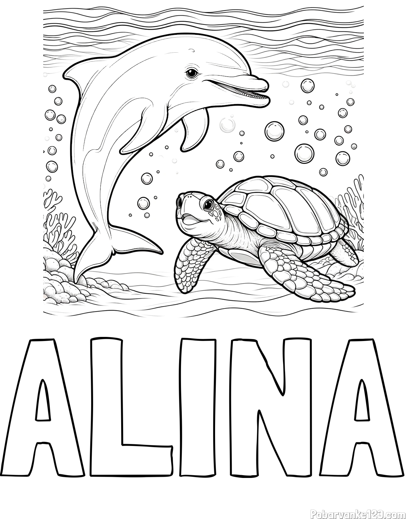 Pobarvanka imena ALINA in pobarvanka ljubkega delfina in njegove prijateljice želve