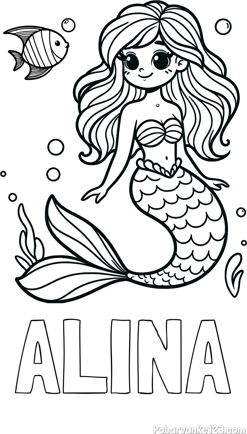 Pobarvanka imena ALINA in pobarvanka male morske deklice in ribice